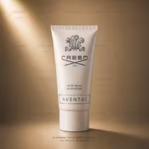 Creed Aventus After-Shave Moisturizer, trattamento dopobarba Creed Aventus in tubo bianco su sfondo luxury dorato.