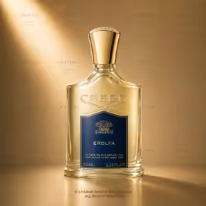 Creed Erolfa 100 ML, profumo Creed in flacone trasparente con etichetta blu su sfondo luxury dorato.