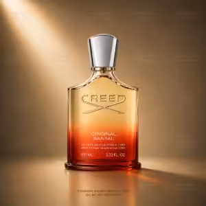 Creed Original Santal 100 ML, profumo Creed in flacone ambrato rosso sfumato su sfondo luxury dorato.