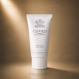 Creed Silver Mountain Water After-Shave Moisturizer, trattamento dopobarba Creed in tubo bianco su sfondo luxury dorato.
