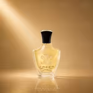 Creed Tubereuse Indiana 75 ML, profumo Creed in flacone trasparente con tappo nero e dettagli dorati su sfondo luxury dorato.