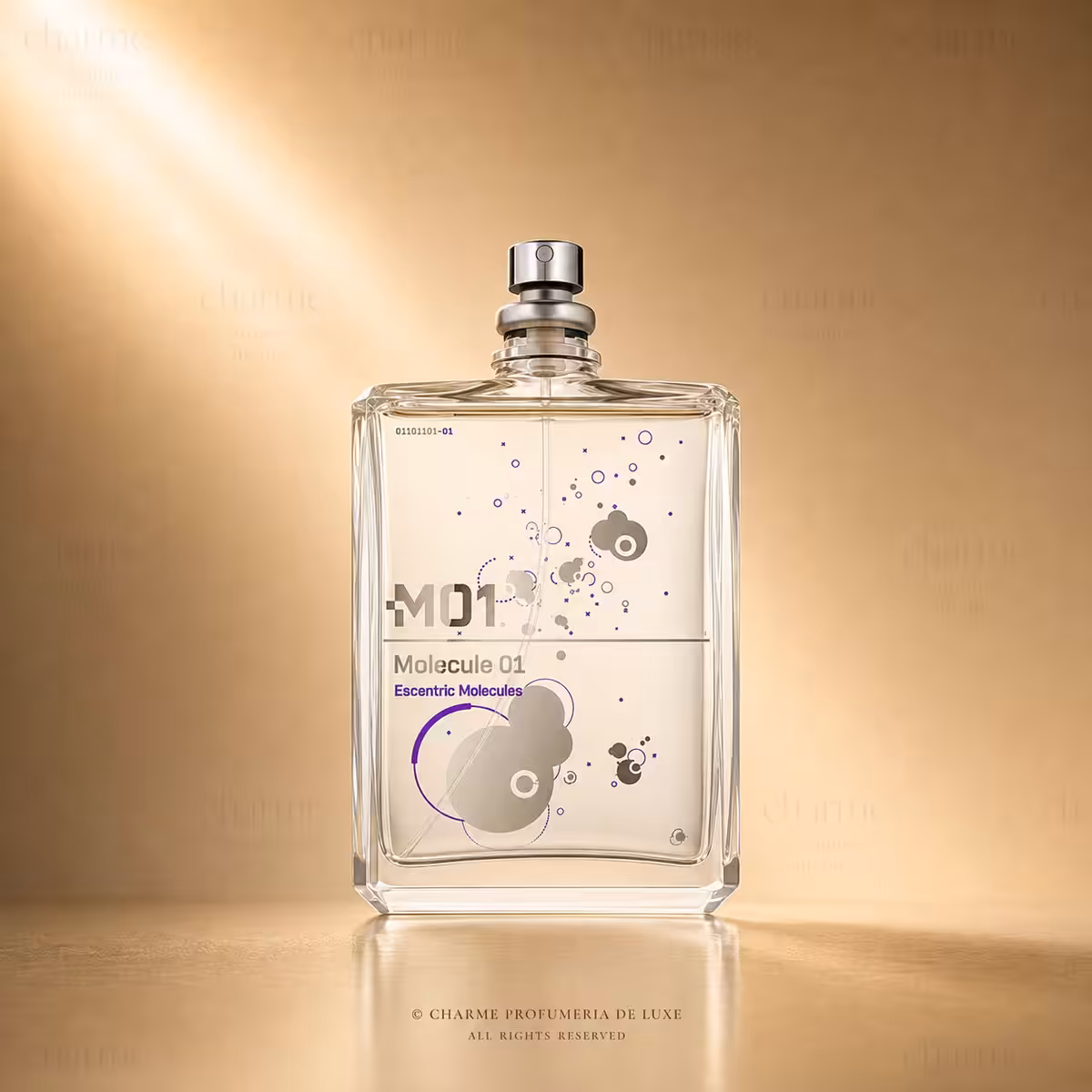 Elegant square glass perfume bottle with a metallic cap, label reads 'M01 Molecule 01 Escentric Molecules,' set on a warm gold surface with abstract purple circles.