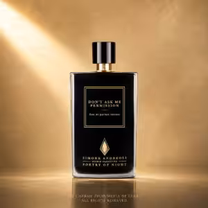 Simone Andreoli Don’t Ask Me Permission Eau de Parfum Intense, flacone nero di profumo di nicchia su sfondo luxury dorato.