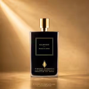 Simone Andreoli Silenzio Extrait de Parfum, profumo di nicchia in flacone nero con tappo oro su sfondo dorato.