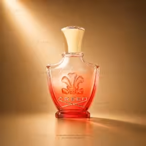 Creed Royal Princess Oud profumo donna, flacone trasparente con dettagli oro e rossi in packshot luxury su sfondo dorato.
