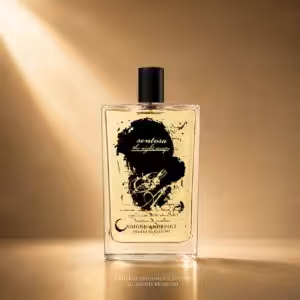 Simone Andreoli Sentosa The Night Escape, profumo di nicchia in flacone trasparente con grafica nera su sfondo dorato.