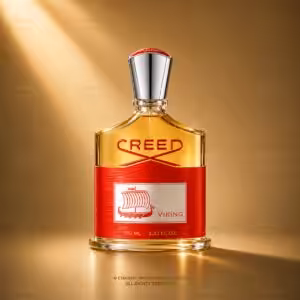 Creed Viking 100 ml profumo uomo, flacone rosso in packshot luxury su sfondo dorato.