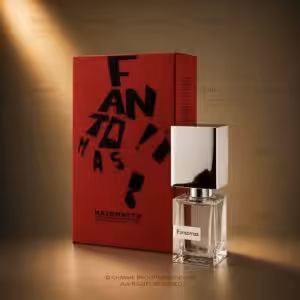 Red perfume box with scattered black letters beside a clear glass bottle with a chrome cap, in a warm gold display, labeled Fantomas (Nasomatto).