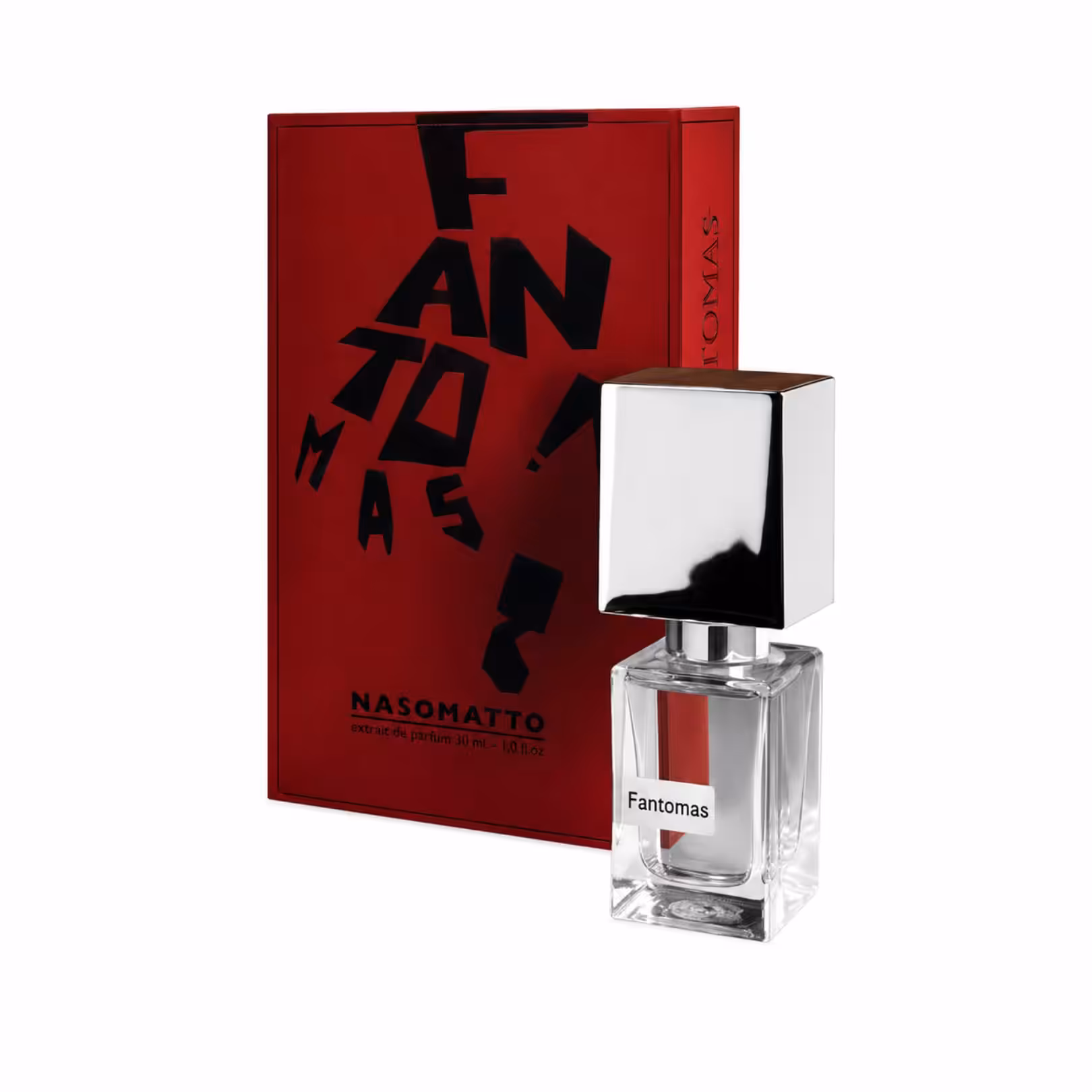 Perfume bottle with a tall clear glass body and a large silver square cap, positioned in front of a red Nasomatto Fantomas box with black scattered letters and brand name.