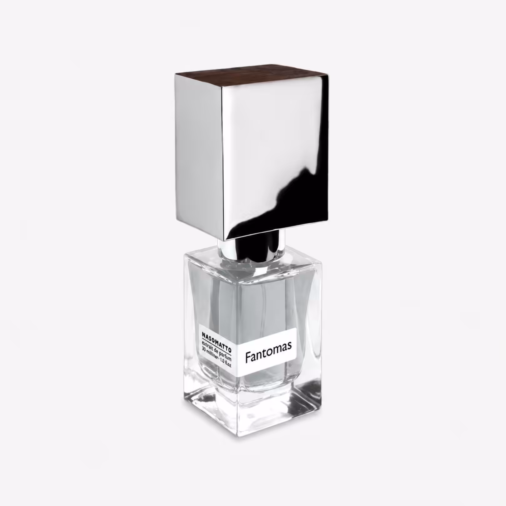 Clear glass perfume bottle with a tall, reflective silver cube cap; label shows Fantomas.