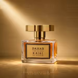 Dahab by Kajal Eau de Parfum, profumo di nicchia ambrato in packshot luxury su sfondo dorato per Charme Profumeria