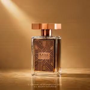 Kajal Homme Eau de Parfum by Kajal, profumo di nicchia luxury con flacone in vetro e dettagli bronzo su sfondo dorato Charme Profumeria