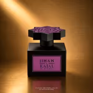 Kajal Jihan Eau de Parfum packshot luxury con flacone nero e dettaglio viola, profumo di nicchia disponibile su Charme Profumeria
