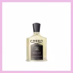 Creed Royal Oud 50 ml profumo unisex, flacone trasparente con etichetta nera in packshot luxury su sfondo dorato.