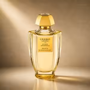 Creed Acqua Originale Zeste Mandarine profumo unisex, flacone dorato in packshot luxury su sfondo dorato.