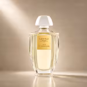 Creed Iris Tubéreuse profumo donna, flacone trasparente con etichetta oro in packshot luxury su sfondo dorato.