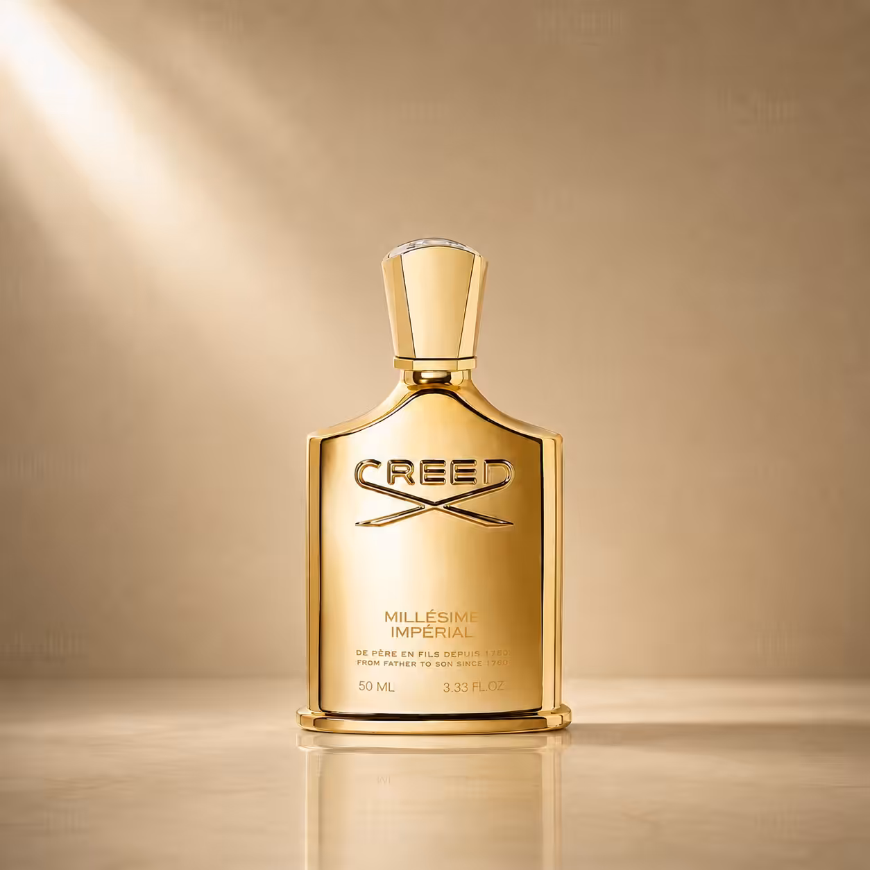 Creed Millésime Impérial 50 ml profumo unisex, flacone dorato in packshot luxury su sfondo dorato.