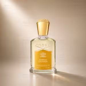 Creed Néroli Sauvage 50 ml profumo unisex, flacone trasparente con etichetta arancio in packshot luxury su sfondo dorato.