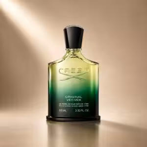 Creed Original Vétiver 50 ml profumo unisex, flacone verde sfumato in packshot luxury su sfondo dorato.