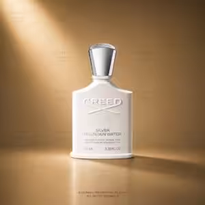 Creed Silver Mountain Water 50 ml profumo unisex, flacone bianco in packshot luxury su sfondo dorato.