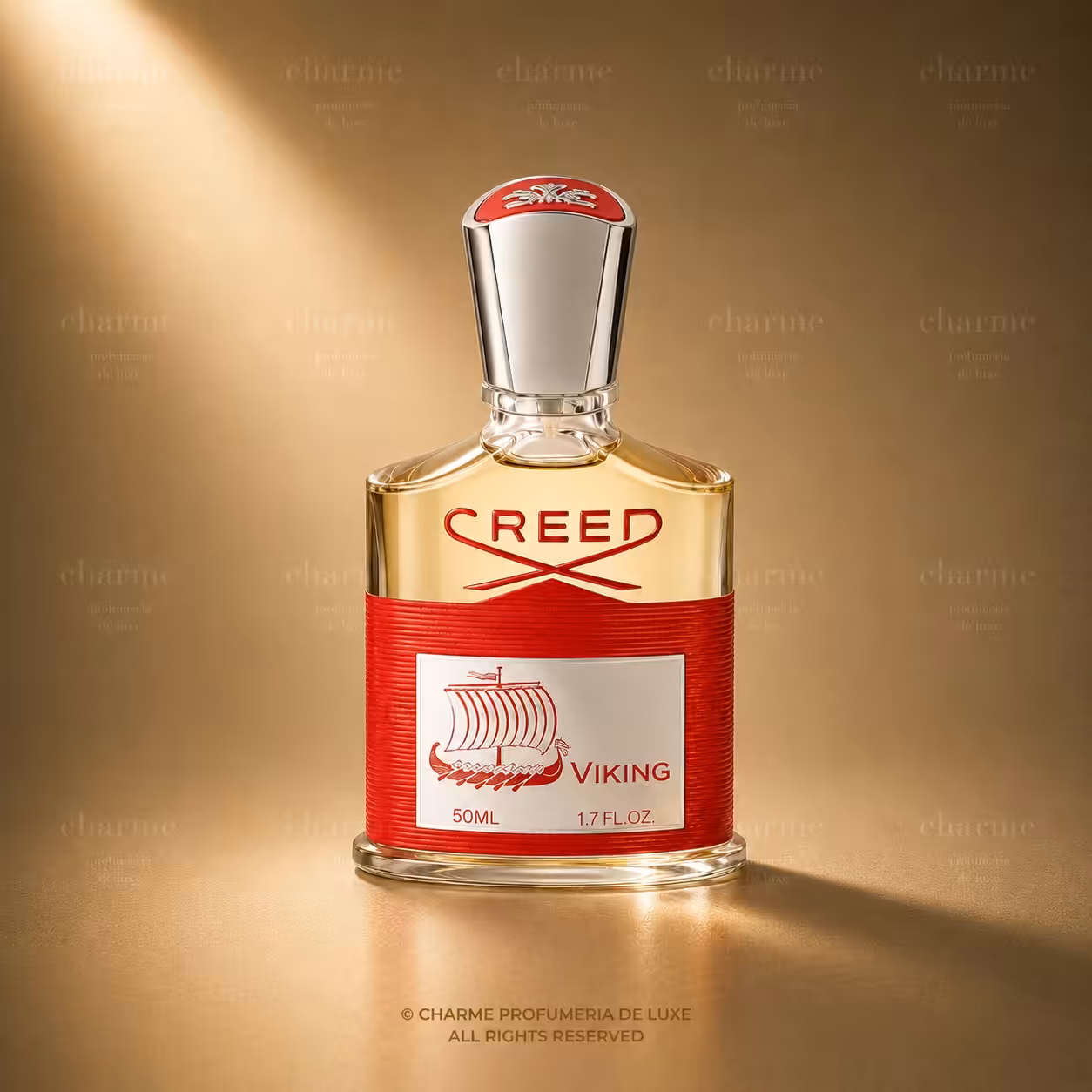 Creed Viking 50 ml profumo uomo, flacone rosso in packshot luxury su sfondo dorato.