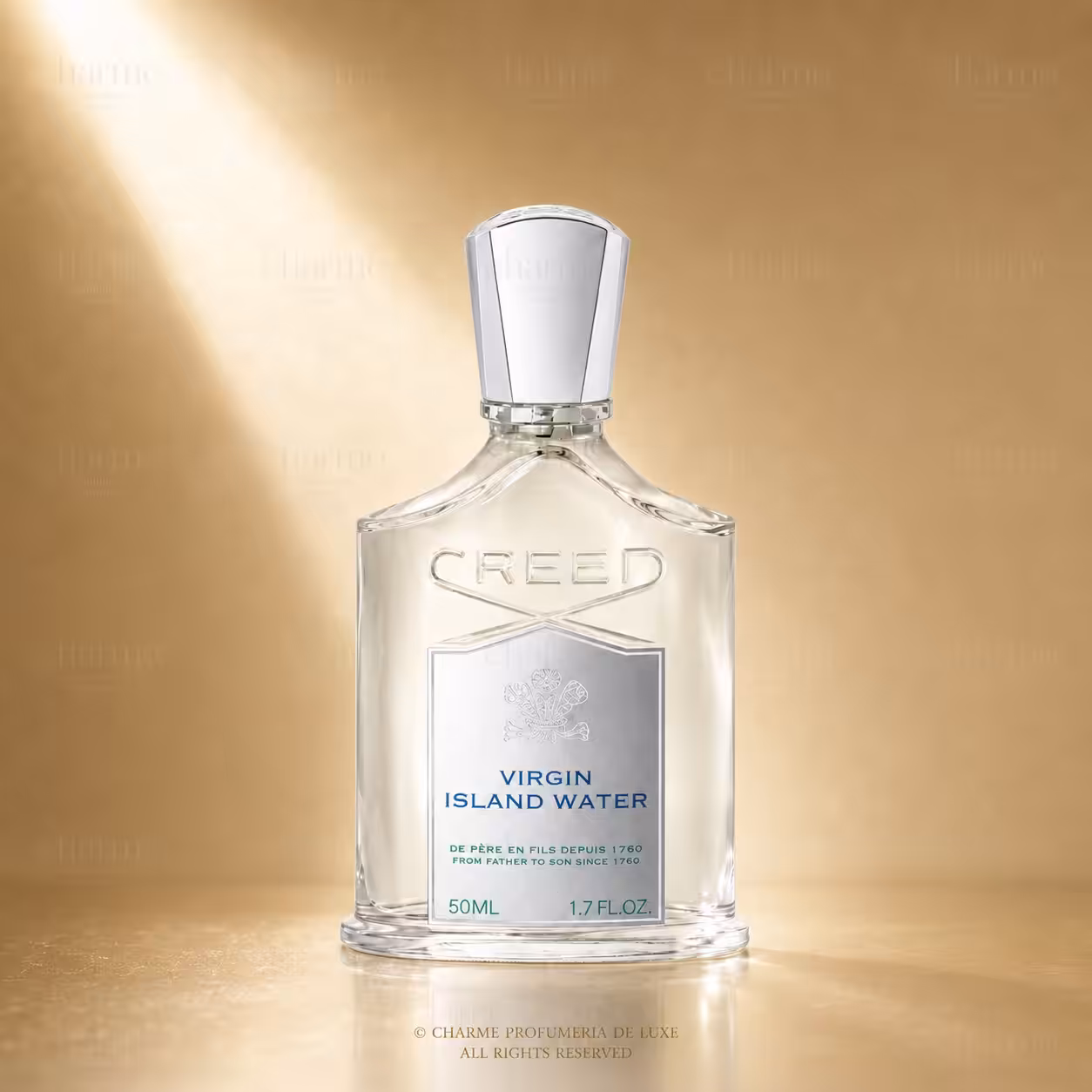 Perfume bottle labeled 'Creed Virgin Island Water' with a silver cap on a gold backdrop, 50 ml capacity.