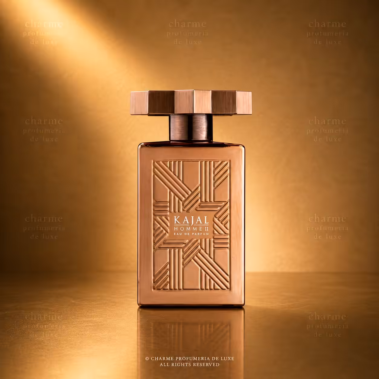 Kajal Homme II Eau de Parfum packshot luxury con flacone bronzo, profumo uomo di nicchia disponibile su Charme Profumeria