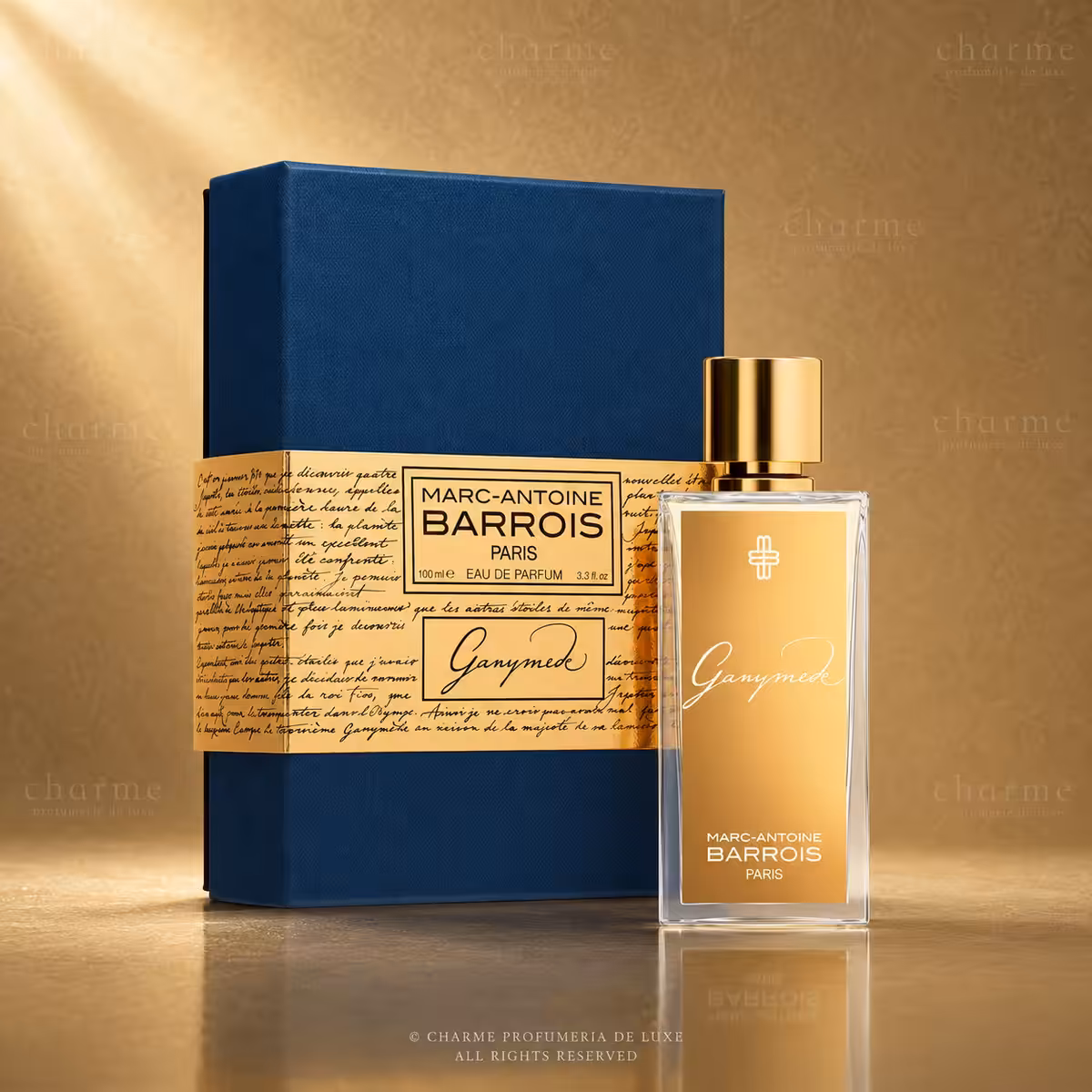Marc-Antoine Barrois Ganymede Eau de Parfum 100 ml con confezione, profumo di nicchia su sfondo luxury dorato Charme Profumeria