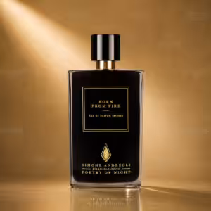 Simone Andreoli Born From Fire Eau de Parfum Intense packshot luxury con sfondo dorato per e-commerce Charme Profumeria de Luxe