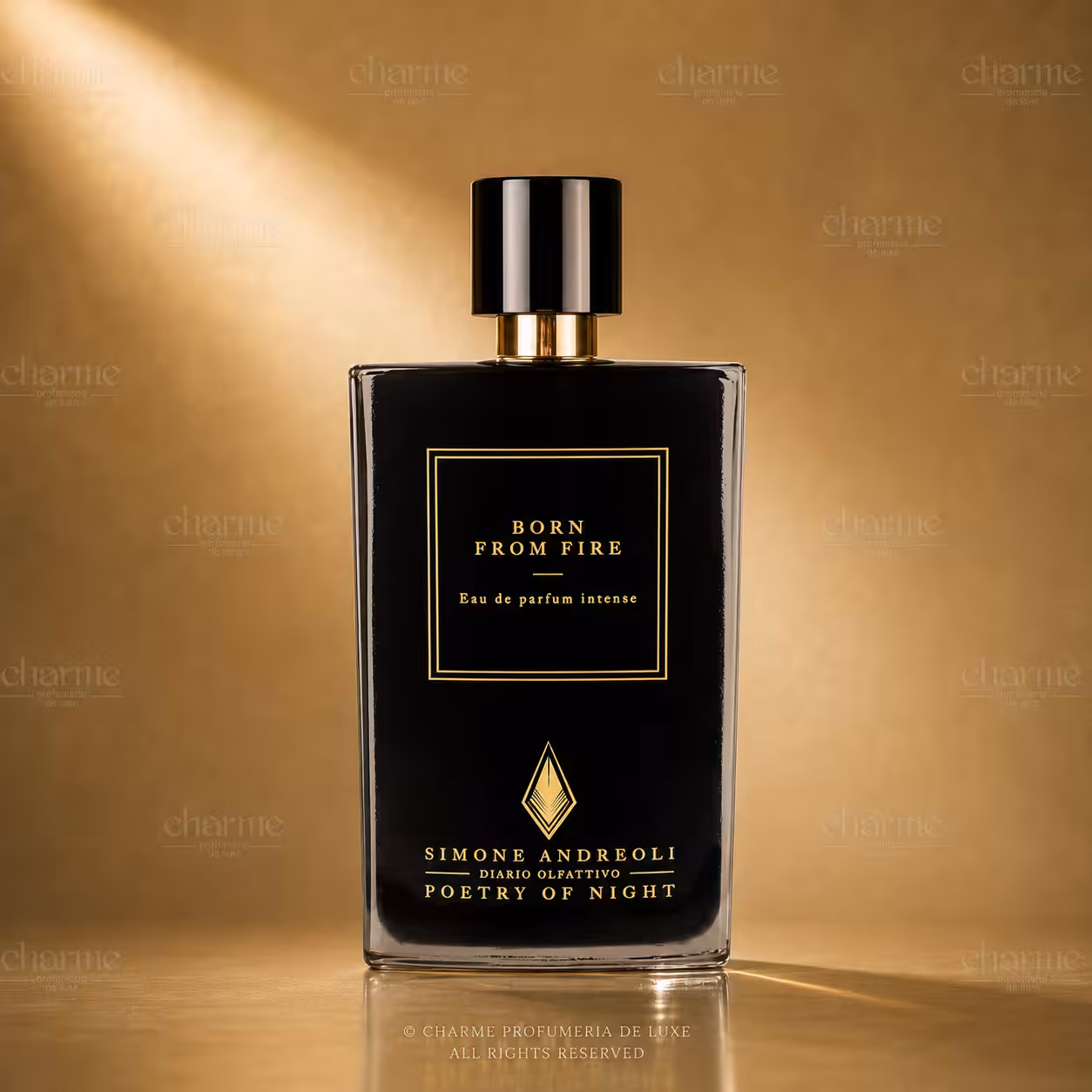 Simone Andreoli Born From Fire Eau de Parfum Intense packshot luxury con sfondo dorato per e-commerce Charme Profumeria de Luxe