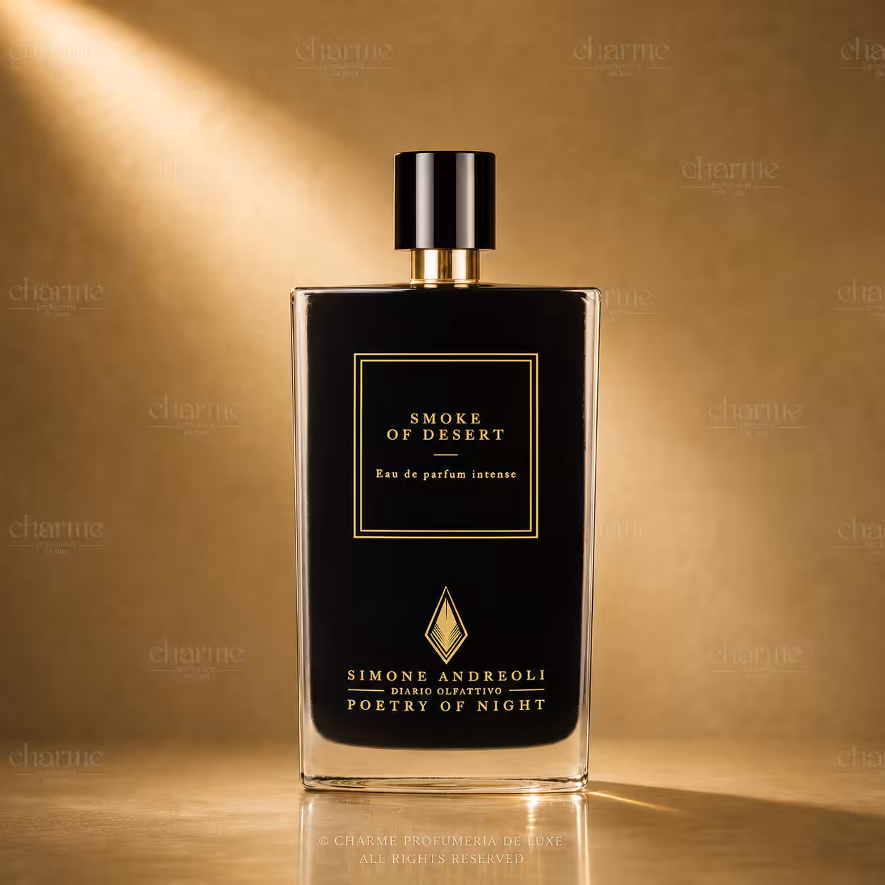 Simone Andreoli Smoke of Desert Eau de Parfum Intense packshot luxury con sfondo dorato per e-commerce Charme Profumeria de Luxe