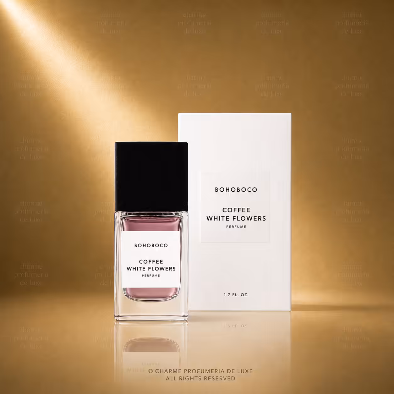 BOHOBOCO Coffee White Flowers profumo 50 ml con flacone e scatola su sfondo dorato