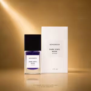 BOHOBOCO Dark Vinyl Musk profumo 50 ml con flacone e scatola su sfondo dorato