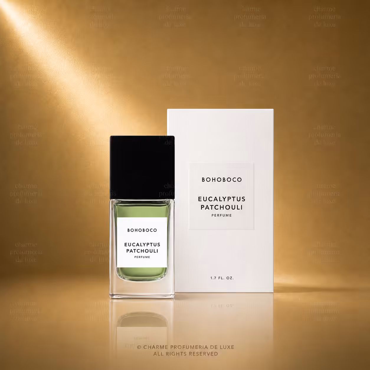 BOHOBOCO Eucalyptus Patchouli profumo 50 ml con flacone e scatola su sfondo dorato