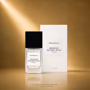 BOHOBOCO Geranium Balsamic Notes profumo 50 ml con flacone e scatola su sfondo dorato