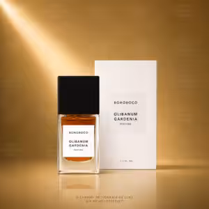 BOHOBOCO Olibanum Gardenia profumo 50 ml con flacone e scatola su sfondo dorato