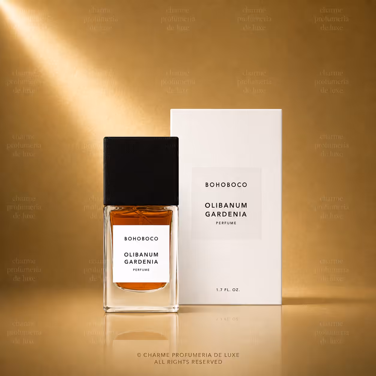 BOHOBOCO Olibanum Gardenia profumo 50 ml con flacone e scatola su sfondo dorato