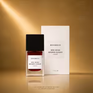 BOHOBOCO Red Wine Brown Sugar profumo 50 ml con flacone e scatola su sfondo dorato
