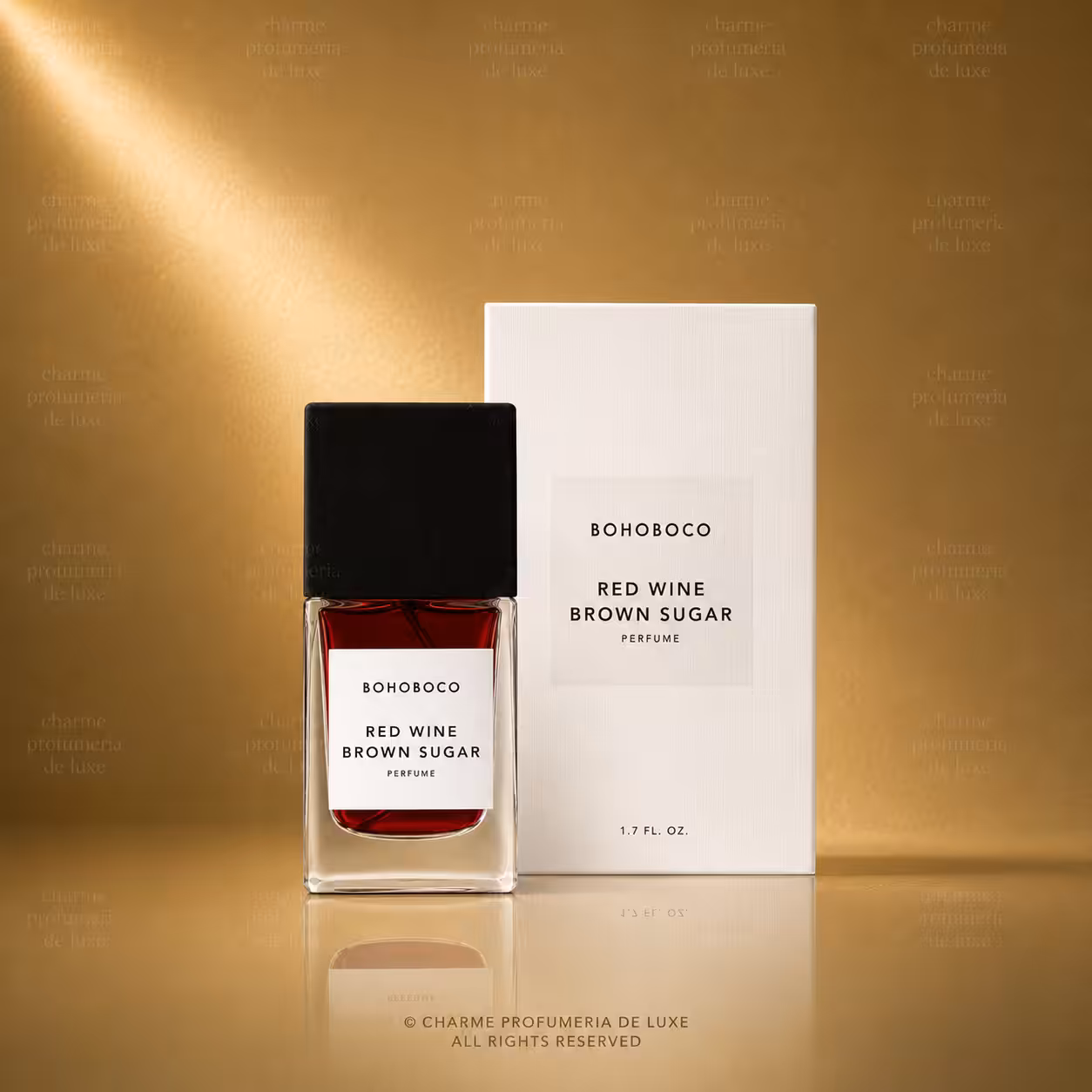 BOHOBOCO Red Wine Brown Sugar profumo 50 ml con flacone e scatola su sfondo dorato