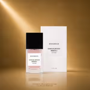 BOHOBOCO Sandalwood Neroli profumo 50 ml con flacone e scatola su sfondo dorato