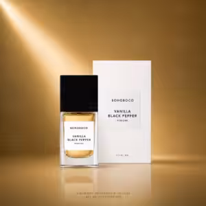 BOHOBOCO Vanilla Black Pepper profumo 50 ml con flacone e scatola su sfondo dorato