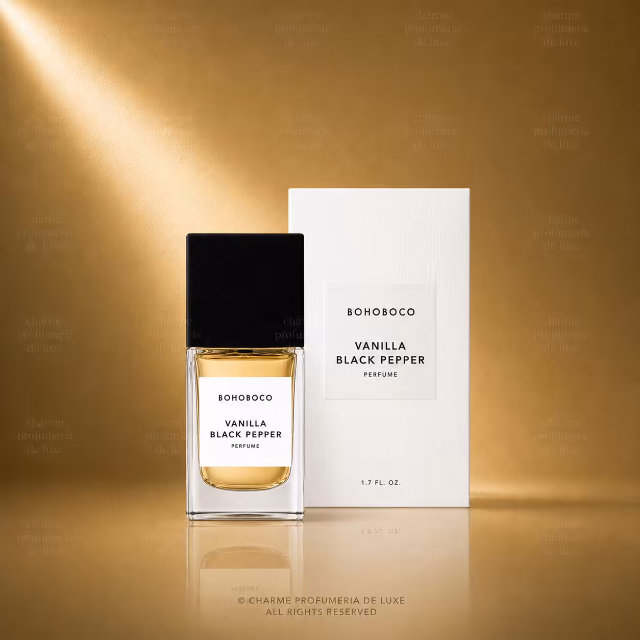 BOHOBOCO Vanilla Black Pepper profumo 50 ml con flacone e scatola su sfondo dorato