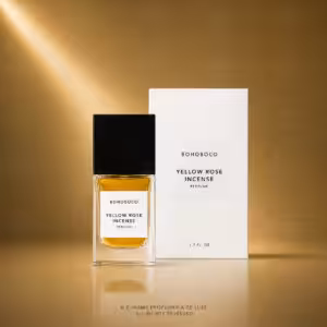 BOHOBOCO Yellow Rose Incense profumo 50 ml con flacone e scatola su sfondo dorato