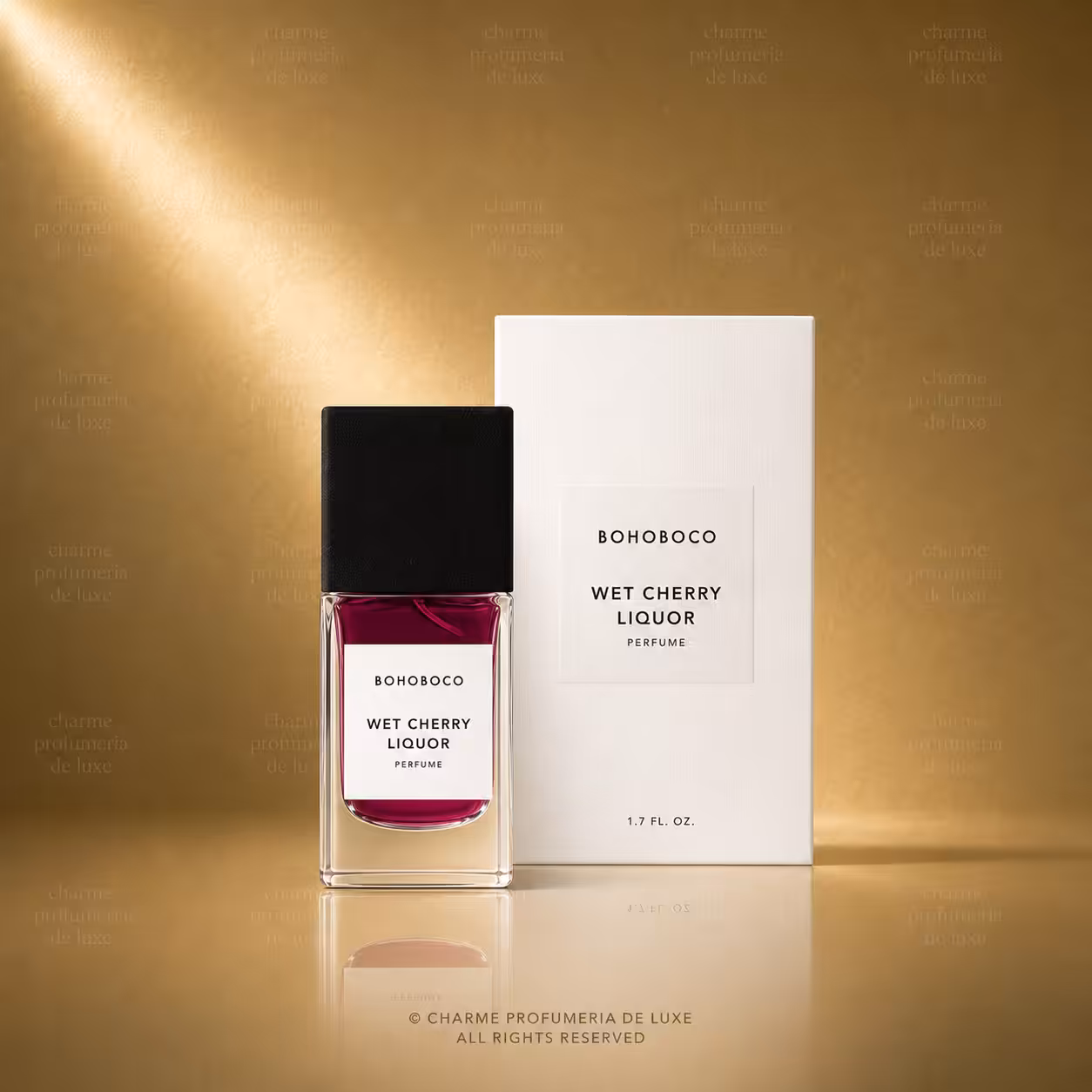 BOHOBOCO Wet Cherry Liquor profumo 50 ml con flacone e scatola su sfondo dorato