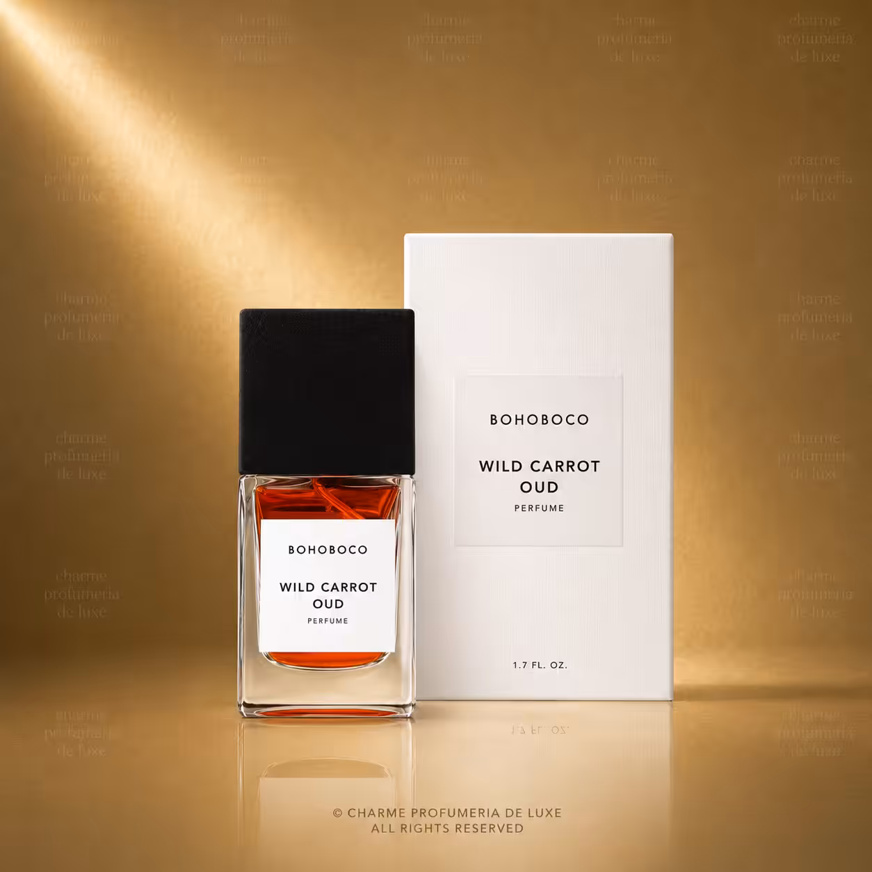 BOHOBOCO Wild Carrot Oud profumo 50 ml con flacone e scatola su sfondo dorato