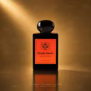 Lorenzo Pazzaglia Bloody Smoke Extrait de Parfum 50 ml, flacone nero con etichetta rossa su sfondo dorato Charme Profumeria de Luxe