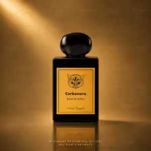 Lorenzo Pazzaglia Carbonara Extrait de Parfum 50 ml, flacone nero con etichetta dorata su sfondo luxury Charme Profumeria de Luxe