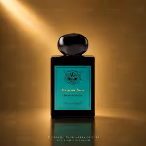 Perfume bottle with a turquoise label reading Dream Sea, Extrait de Parfum, against a warm bronze background.