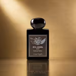 Lorenzo Pazzaglia Evil Angel 28.09 Extrait de Parfum 50 ml, flacone nero con etichetta scura su sfondo dorato Charme Profumeria de Luxe