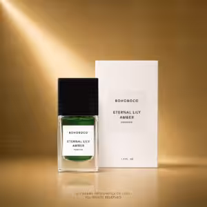 BOHOBOCO Eternal Lily Amber profumo 50 ml con flacone e scatola su sfondo dorato